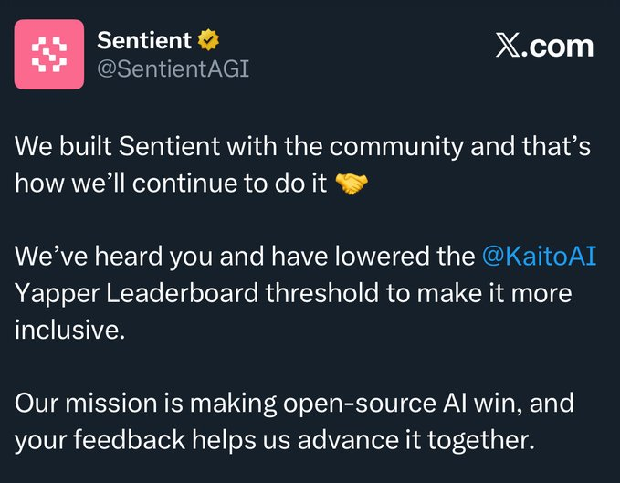 Sentient yappers, the YAPS threshold is now 20, so small accounts should unite! Create original, technical posts on benchmarks, fingerprinting, loyalty, ROMA, ODS, GRID, Dobby, and sentient chat. Share ideas to boost our community!

<a href="/SentientAGI/">Sentient</a>