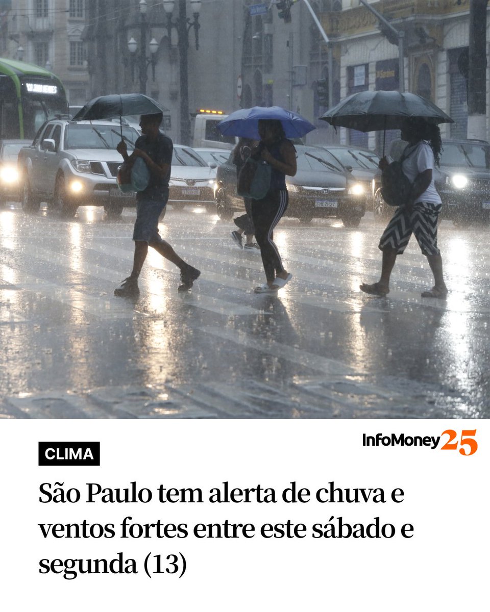 infomoney's tweet image. DEFESA CIVIL ALERTA

O Estado de São Paulo terá um fim de semana de tempo instável, com alerta da Defesa Civil para chuvas, raios, ventos fortes e possibilidade de granizo entre sábado (11) e segunda (13).

Neste sábado, o sol aparece entre nuvens e favorece a elevação das…
