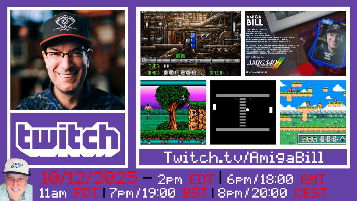 Live Stream Tomorrow Sunday Funday October 12, 2025 - 2pm EDT/6pm GMT/7pm BST/8pm CEST - World Premiere of New Game "Freak-Out", Amiga 40 Germany Prep, Amiga News, Games, Demos &amp; More! #commodore #commodoreamiga #amiga #retrogaming #AmigaBill LINK: twitch.tv/amigabill