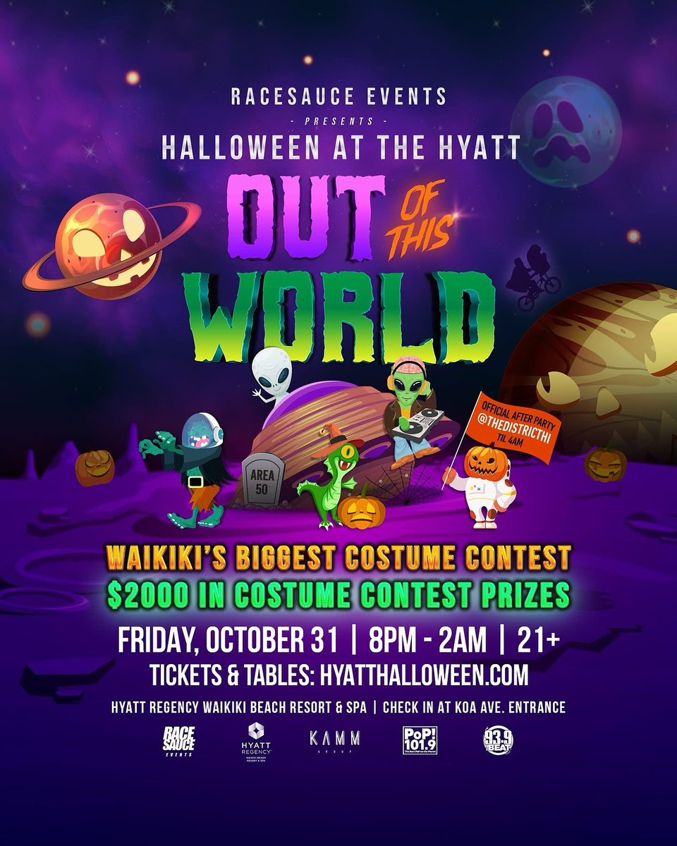 Waikiki’s wildest Halloween party returns 👽🎃 $2K costume contest, killer music &amp; after party till 4AM at @TheDistrictHI 🌌 Don’t miss Halloween at the Hyatt! 🚀 HyattHalloween.com