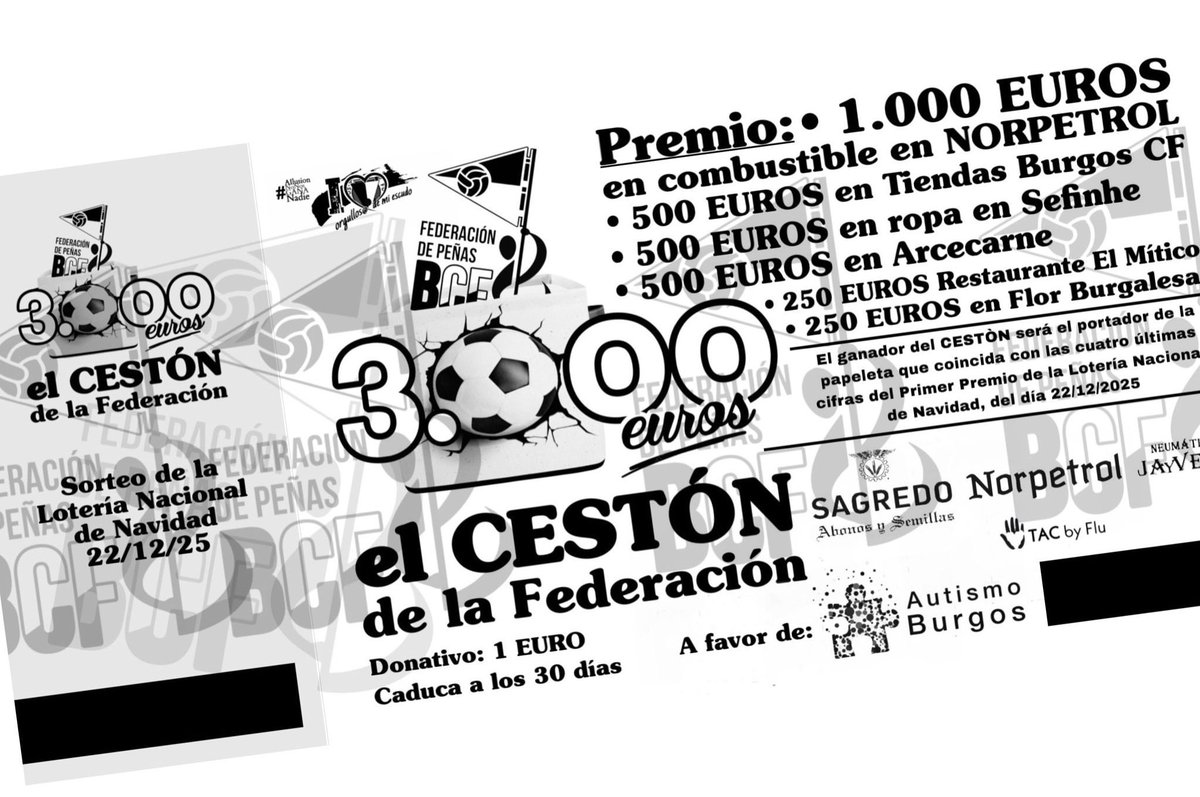 Próximamente estará a la venta “El acestón De La Federación”.
Premio valorado en 3.000€. 
Incluye:

• 1.000€ en <a href="/norpetrol/">Norpetrol</a>
• 500€ en <a href="/Burgos_CF/">Burgos Club de Fútbol</a> tienda
• 500€ en <a href="/arcecarne_ofi/">arcecarne_ofi</a> 
• 500€ en <a href="/sefinhe/">SefinheClothes</a>
• 250€ en #FlorBú
• 250€ en #ElMítico

En favor de <a href="/autismo_burgos/">Autismo Burgos</a>