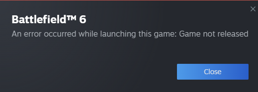 PatrickToribio's tweet photo. @EA @Battlefield What's the deal. I was fine playing it yesterday on PC @Steam  now it's saying I can't play because the game is not released yet? 🤔😡 #BATTLELFIELD6 #ea #steam https://t.co/e62i2mlC84
