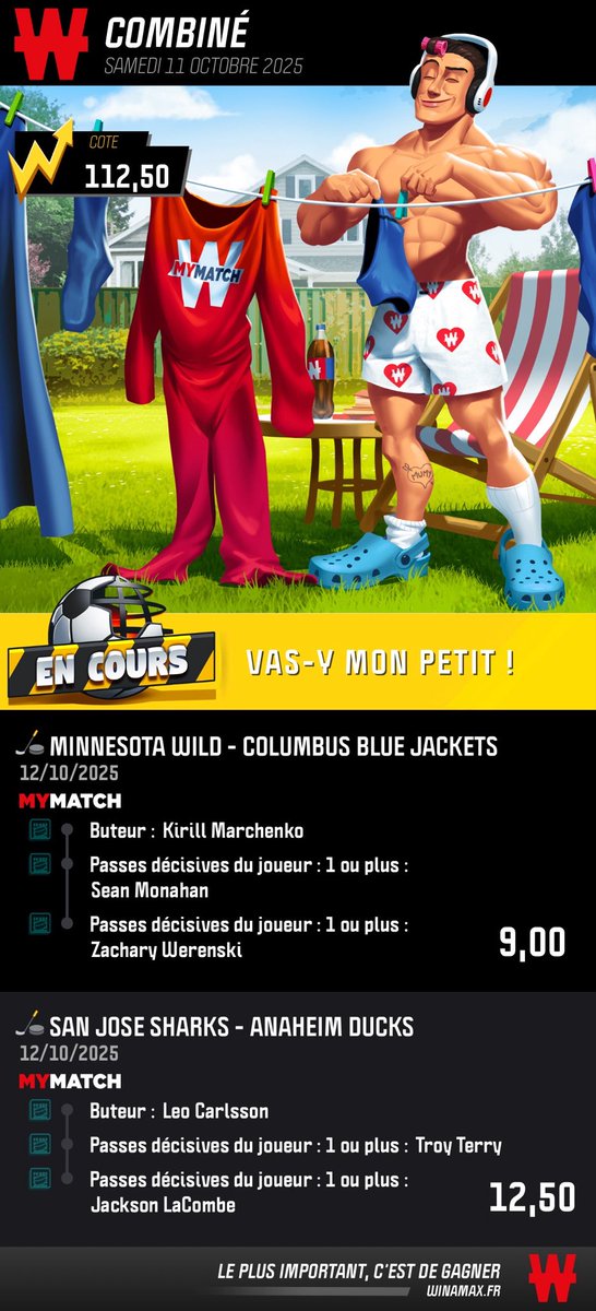 (2) NHL 🏒 Autres funs :
• 84
• 112,50
• 195
• 947
• 6698

Liens wina ⬇️
winamax.link/reOrf
winamax.link/3kwJk
winamax.link/e4YgA
winamax.link/wEMrJ
winamax.link/CusJA

Pas de folie sur les mises, les cotes sont suffisamment élevées, GL