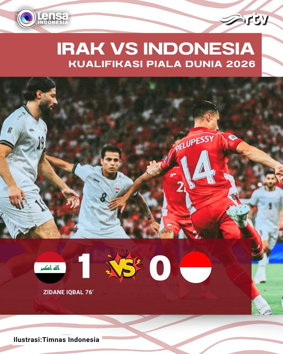 lensaRTV's tweet photo. Timnas Indonesia gagal memetik kemenangan melawan Irak di putaran keempat Kualifikasi Piala Dunia 2026 zona Asia, Minggu (12/10/2025). Dengan begitu, pupus sudah peluang Timnas Garuda lolos ke putaran final Piala Dunia 2026.

Terima kasih Timnas Indonesia, kami tetap mendukungmu! https://t.co/wUZM5mU0yn