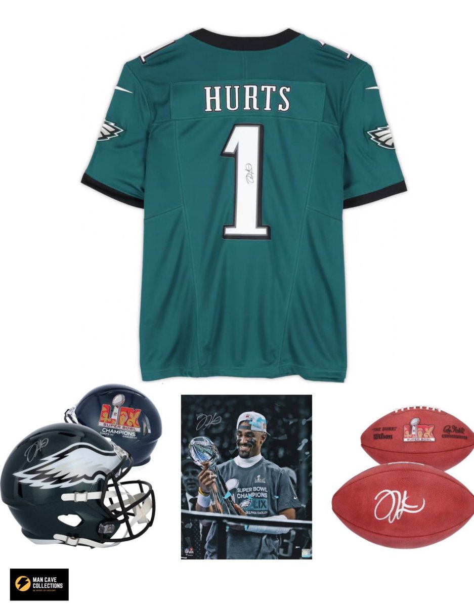 MC__Collections's tweet image. *Scramble* Super Bowl MVP Jalen Hurts! Winning spot takes all 4. 🏆
Jalen Hurts signed jersey, signed full size auth helmet, signed 16X24 photo & signed LIX Duke football. COA’s: Fanatics, Beckett.
62 spots, $35/spot. Buy 5, get a 6th spot free. DM us if you’d like in!