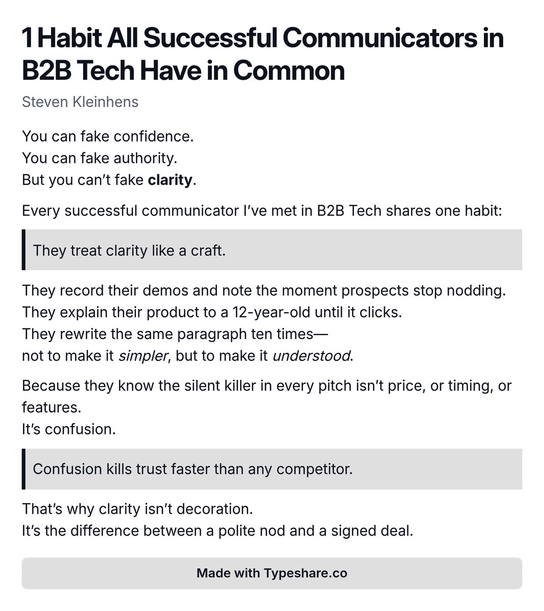 stevenkleinhens's tweet image. Most founders lose deals for one reason:
Not price. Not timing.
Confusion.

The top communicators I’ve met treat clarity like a craft.

They rewrite, reframe, re-explain—until it’s understood.

Clarity builds trust.
Confusion kills it.

#ComplexToTrust