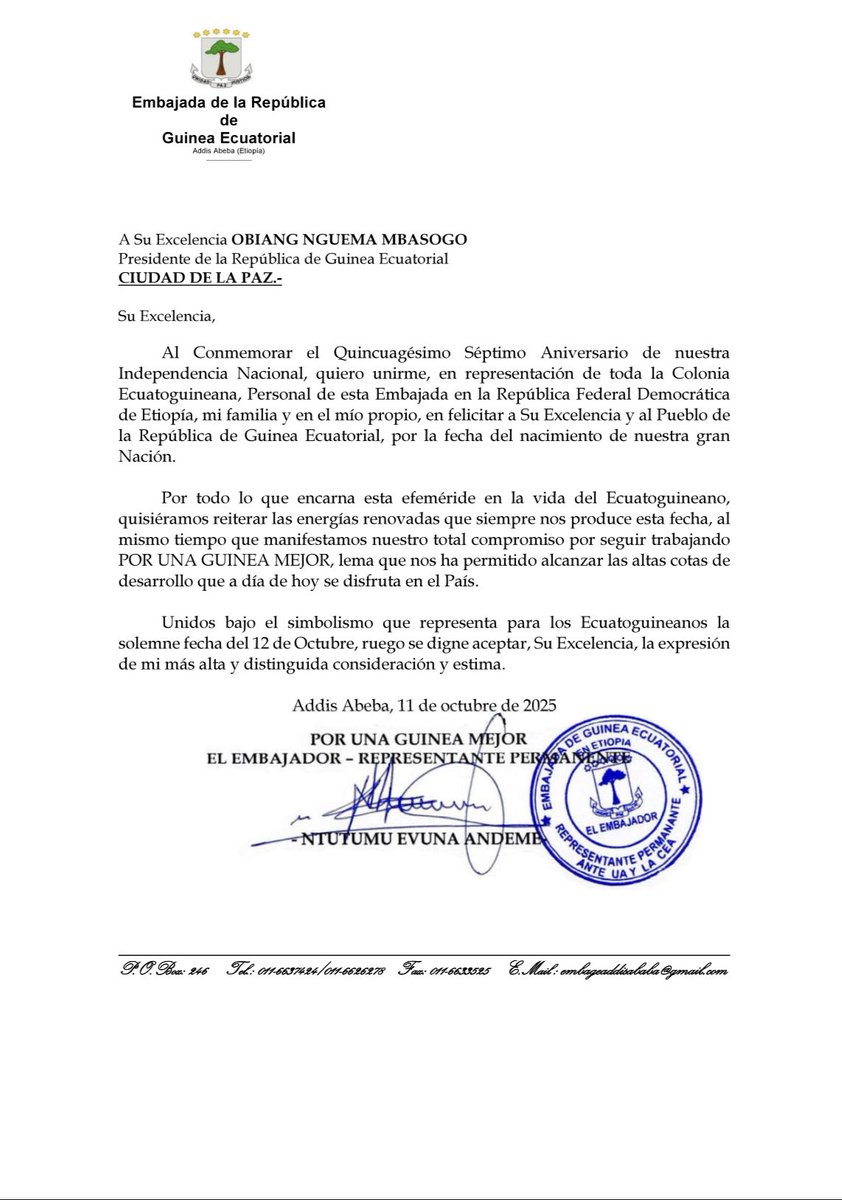 Con ocasión del día de la Independencia Nacional hoy domingo, 12 de octubre, felicitamos a S.E Obiang Nguema Mbasogo por su defensa de la paz gracias a la cual, nuestro país sigue caminando con acierto en el contexto de las Naciones.

Feliz 12 de octubre !!!