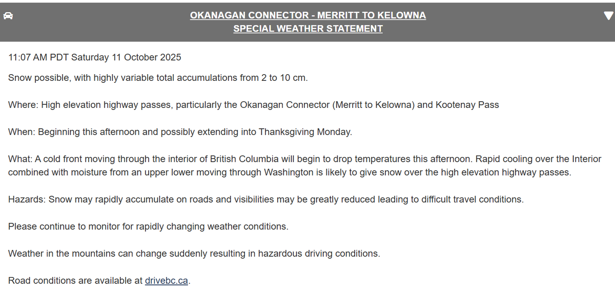 DriveBC's tweet photo. ❄️#BCHwy97C - Snowfall in progress along the #OkanaganConnector. A special weather statement remains in effect for several mountain passes this long weekend. @environmentca 

🛞Reminder to #KnowBeforeYouGo by checking https://t.co/yVVq38WOJL and have proper winter tires on your vehicle.