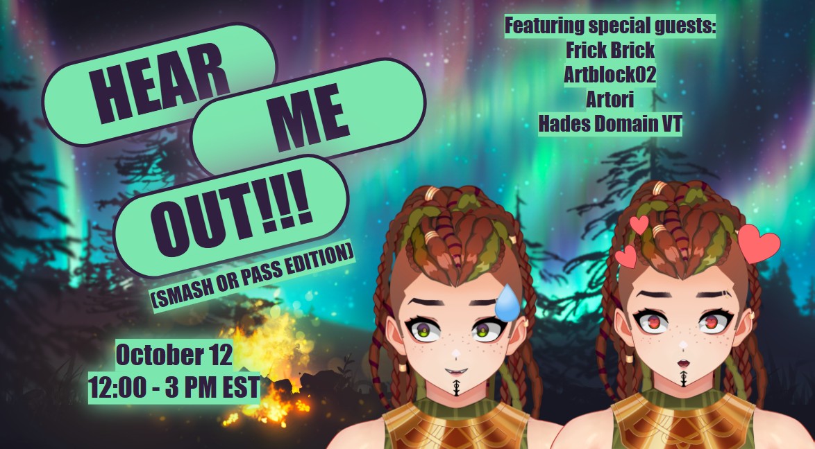 Maeve_Moradin's tweet photo. Join me tomorrow, Sunday October 12th from 12:00 - 3:00 PM EST, for a very special stream:

HEAR ME OUT!!!! Smash or Pass Edition

Joining me is @Frick__Brick @artblock02 @ArtoriEthan @HadesDomainVT while they roast me over smashing or passing your best Hear Me Outs!!! https://t.co/Kv23d0dxTF