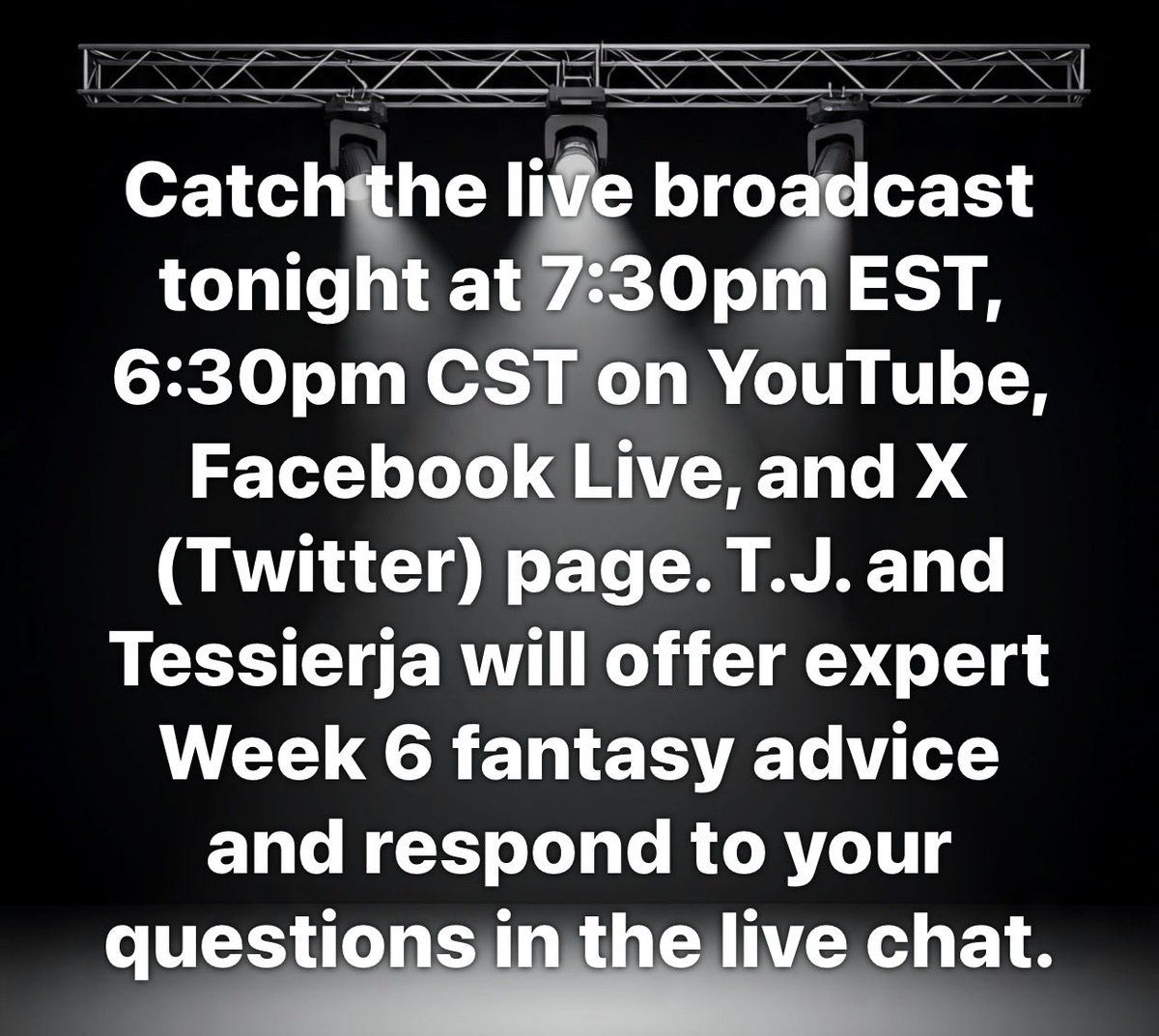 Make sure to tune in live here on X or YouTube tonight at 7:30 PM EST with <a href="/FFTJBlakeDNA/">TJ Blake</a> &amp; <a href="/Tessierja91/">Justin Tessier</a> for Start ‘Em Sit ‘Em Saturday NFL Week 6 we will be taking your start sit questions live and will answer on the show!