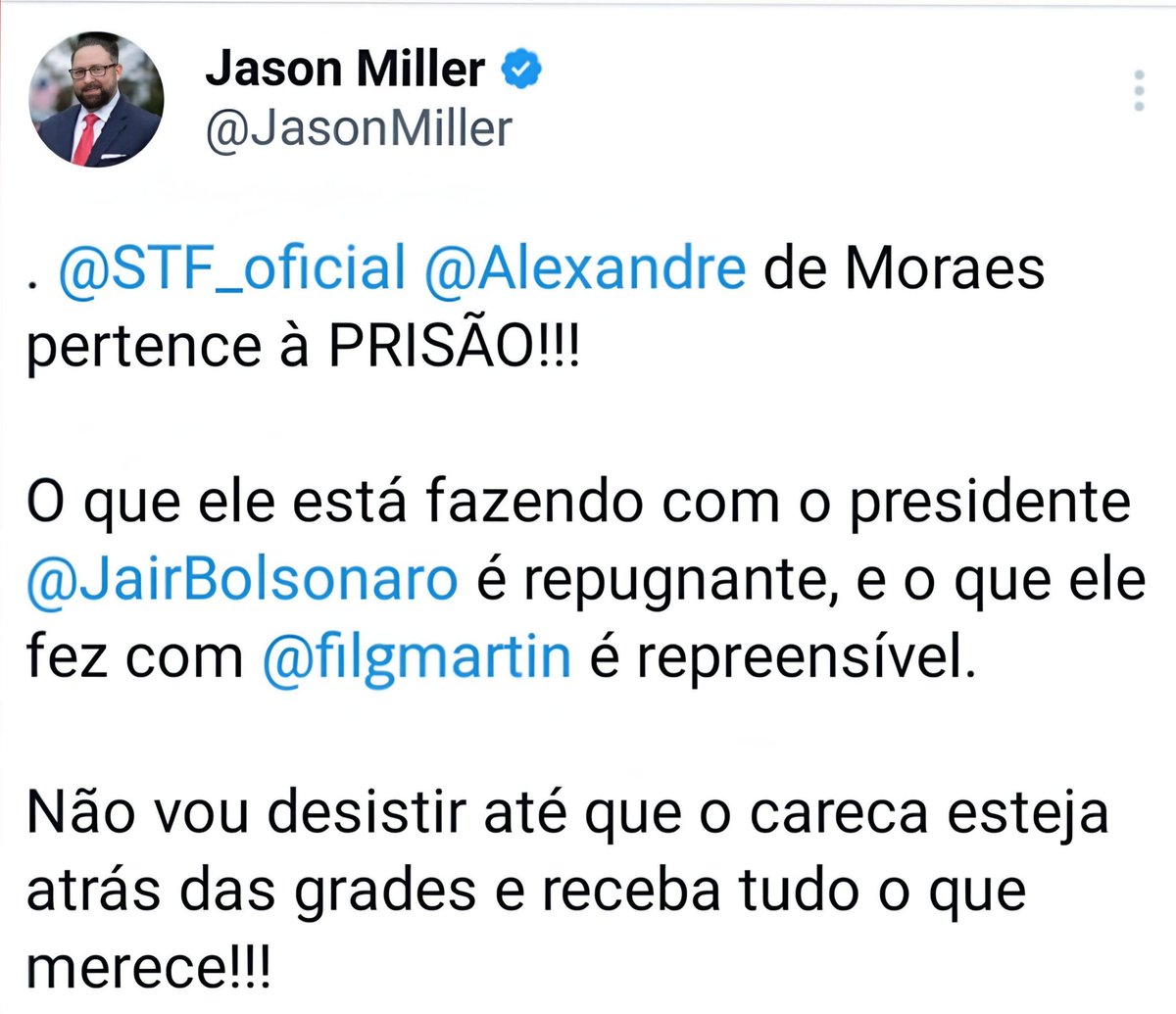 "Quando MORAES estiver PRESO e seus CÚMPLICES SANCIONADOS e removidos dos seus cargos, esse é um HOMEM que não podemos esquecer de AGRADECER. 

Oh <a href="/JasonMiller/">Jason Miller</a> está desde o começo lutando ao nosso lado sem pedir nada em troca. Seremos eternamente gratos, Jason!