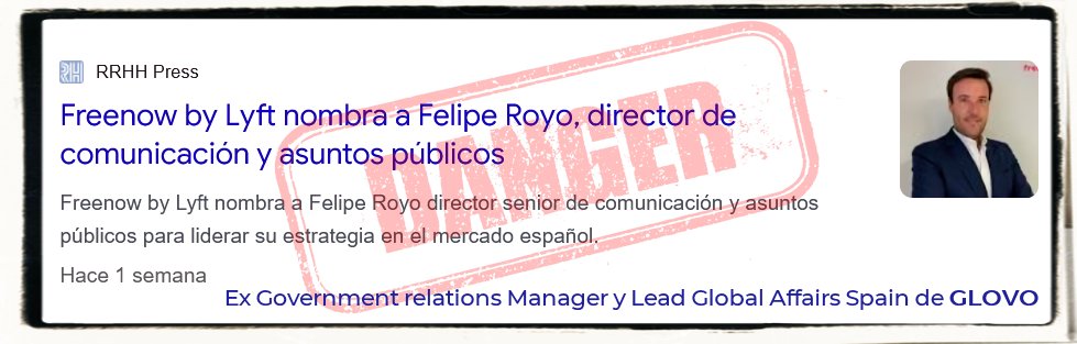 EnLuchaVTC's tweet image. ⚠️ @feliperoyo se tira el &quot;rollo&quot; tras su fichaje como director de &quot;@FreeNow_ES by #Lyft🏴‍☠️&quot;, pero tiene un reciente y oscuro pasado en la maquinaria explotadora de #Glovo, aquella que se sirve de falsos autónomos y gentuza que alquila cuentas a inmigrantes sin papeles en precario