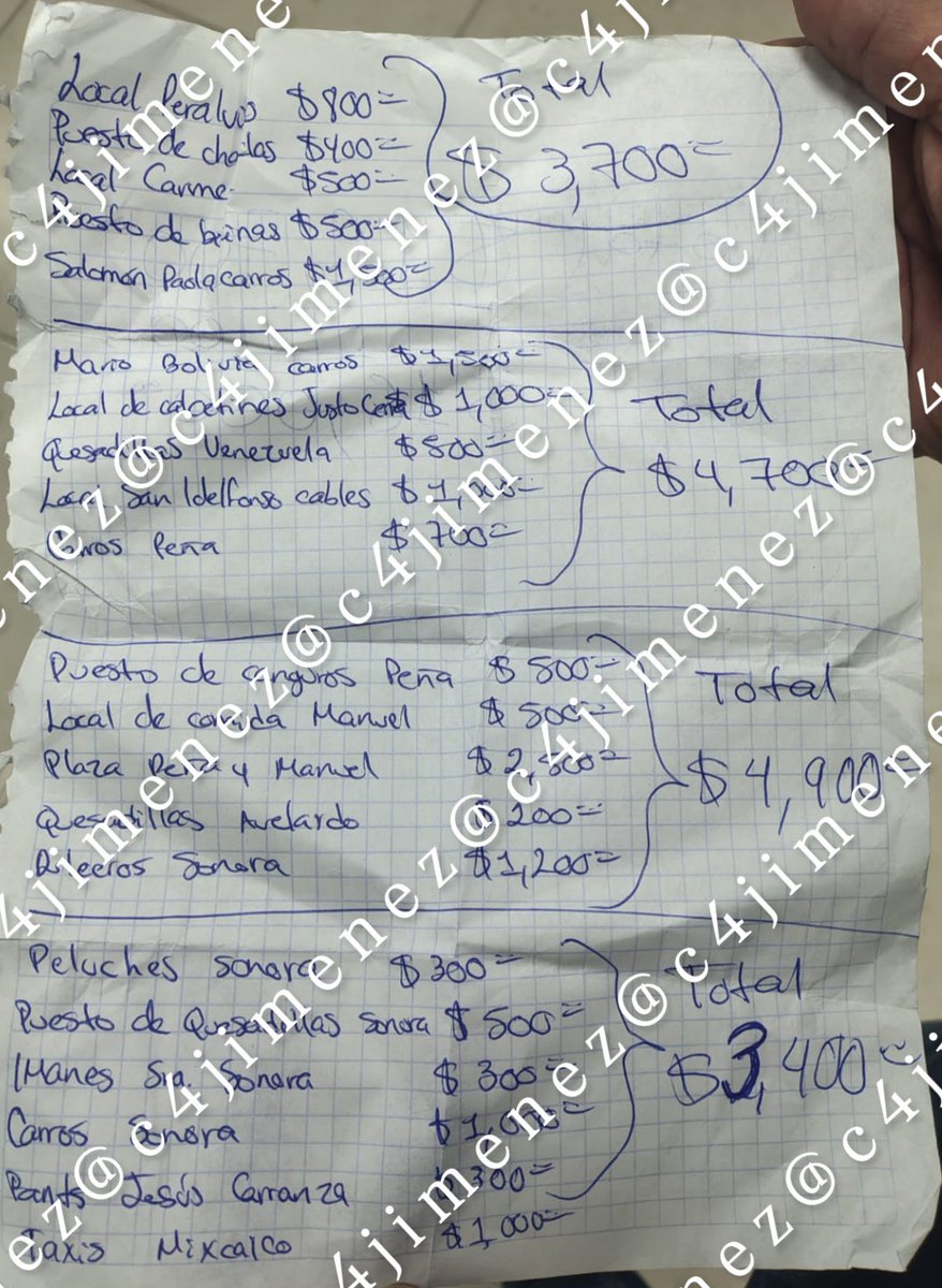c4jimenez's tweet image. EXTORSIONAN al de LOS JUGOS, las QUESADILLAS, LA CARNE…
Es una lista de cuotas de El Fernandito de La Union.
Es lo q andaba cobrando de algunas extorsiones semanales en la zona Centro.
Agentes de Inteligencia de @SSC_CDMX lo atraparon por 5ª ocasión.
Si lo reconoce, denuncie!
