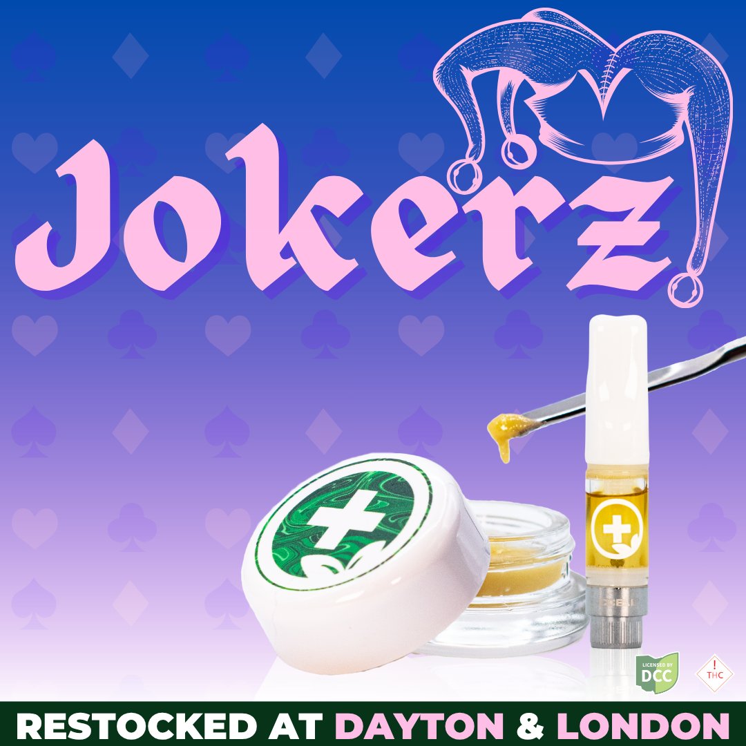Pure_Ohio_W's tweet image. Don&apos;t let the name fool you! This stuff is no joke!🍃♠️
We have a fresh batch of our Jokerz rosin hitting shelves, and you won&apos;t want to miss it.
Visit us in Dayton or London, we would love to see you this weekend!💚

 #pureohiowellness #pureohiowellnessdayton #dayton #ohiomade