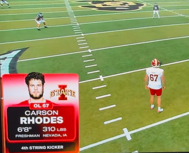 Hassel_Chris's tweet image. Iowa State now down to their emergency kicker on kickoffs. A 6’8, 310 pound offensive lineman.