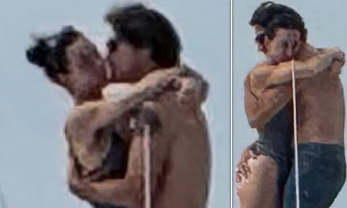 Three images depict Katy Perry and Justin Trudeau in intimate poses on a yacht. The first shows them kissing closely with blurred faces and upper bodies visible. The second captures them embracing side by side with arms around each other and sunglasses on. The third displays a rear view of them hugging with Perry in a dark swimsuit and Trudeau shirtless, standing near the yachts edge against a blue watery horizon.