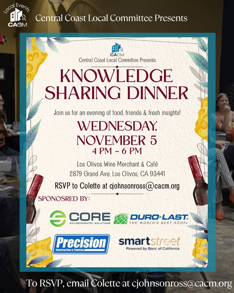 CACMchat's tweet image. Dinner plans? We’ve got you covered 🍝

Join us November 5 on the Central Coast for a night of great food, fresh ideas &amp;amp; community vibes at our Knowledge Sharing Dinner.

A great way to connect, collaborate &amp;amp; unwind. RSVP to Colette today!✨
#CACM #CommunityManagement #LocalEvent