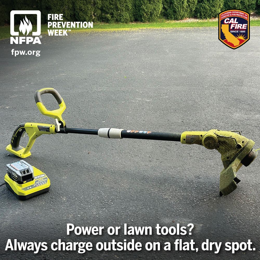 CAL FIRE (@cal_fire) on Twitter photo 🔋Charging something big like an e-bike, scooter, or power tool with a lithium-ion battery?
Be fire-safe by: 
✔ Charging them outside 
✔ Using a flat, dry area 
✔ Keeping it away from kids, sunlight, water, or tripping hazards 
✔ Making sure it’s secure so it won’t fall
It 🔋Charging something big like an e-bike, scooter, or power tool with a lithium-ion battery?
Be fire-safe by: 
✔ Charging them outside 
✔ Using a flat, dry area 
✔ Keeping it away from kids, sunlight, water, or tripping hazards 
✔ Making sure it’s secure so it won’t fall
It