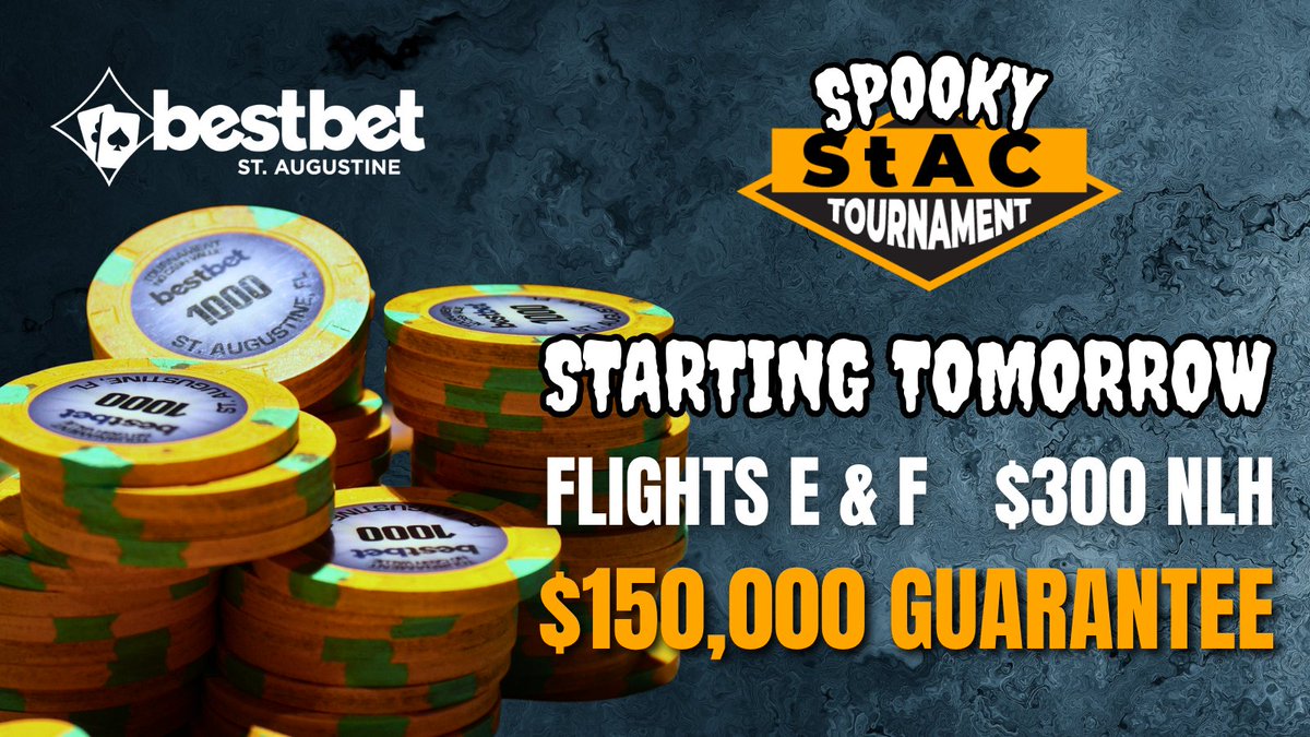 bestbet_jax's tweet image. 🎃 Spooky StAC continues tomorrow at bestbet St. Augustine with Flights E &amp;amp; F at Noon and 6PM

$300 NLH with $150,000 GTD 💰

#bestbetSTA #StAC #spookyseason