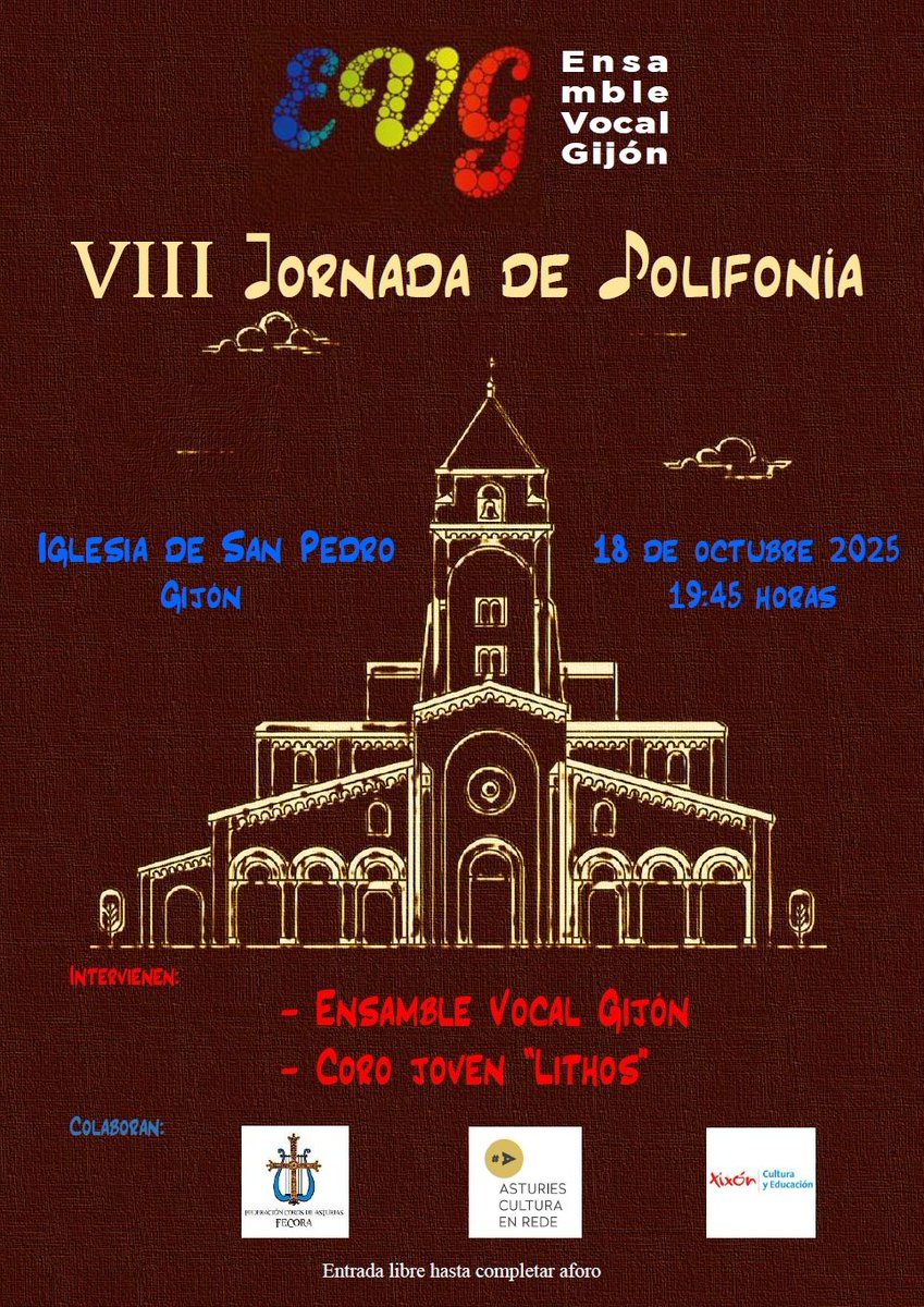 ensamblevocalg's tweet photo. No hemos terminado casi el concierto en Avilés y ya damos publicidad al próximo. Nuestras VIII Jornadas de Polifonía en la Iglesia de San Pedro el próximo sábado 18.
Nos acompañará el Coro Joven LITHOS
@elcomerciodigit
@mi_gijon
@elleondeoroLDO
@lanuevaespana https://t.co/DmgPd48VKj
