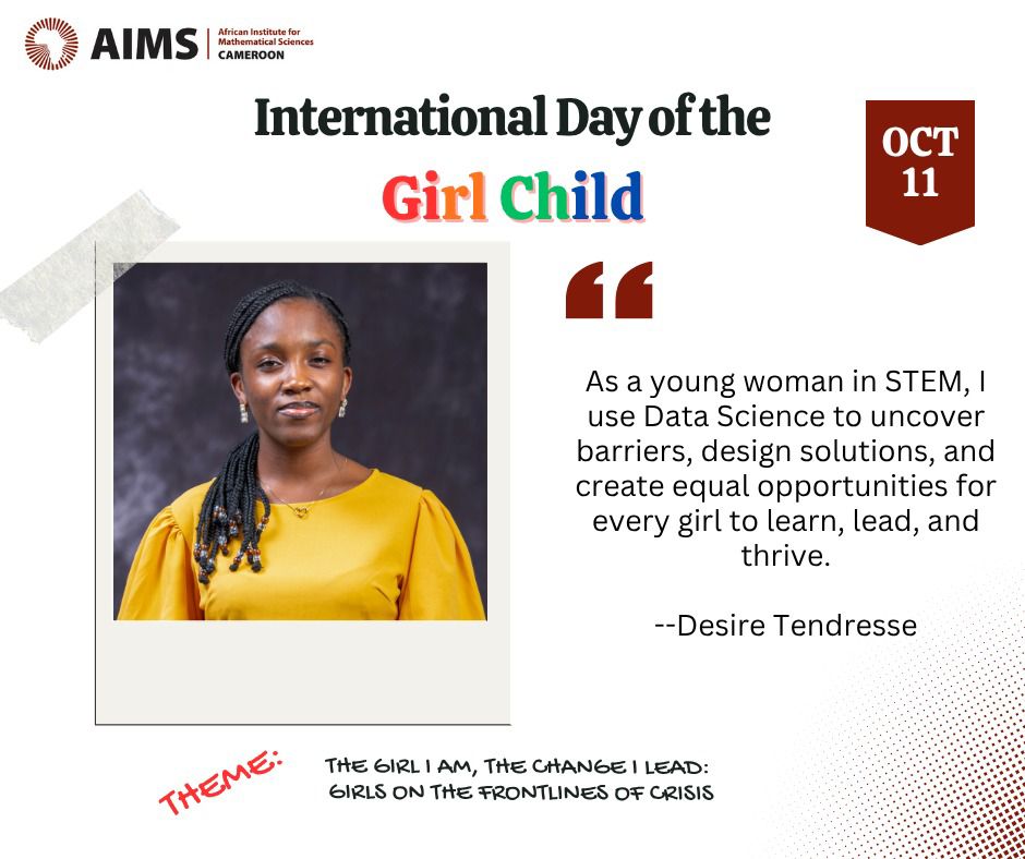 AimsCmr's tweet image. Today, we celebrate the power, potential, and promise of every girl.
Letโs raise our voices to amplify theirs. ๐ช๐
#DayOfTheGirl #EmpowerGirls #GirlsLead #InvestInGirls #SheLeads