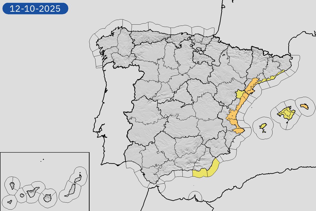 AEMET_Esp's tweet image. 12/10 00:06 Avisos activos hoy y mañana en España por lluvias, tormentas y costeros. Nivel máximo de aviso: naranja.
Actualizaciones en aemet.es/es/eltiempo/pr…