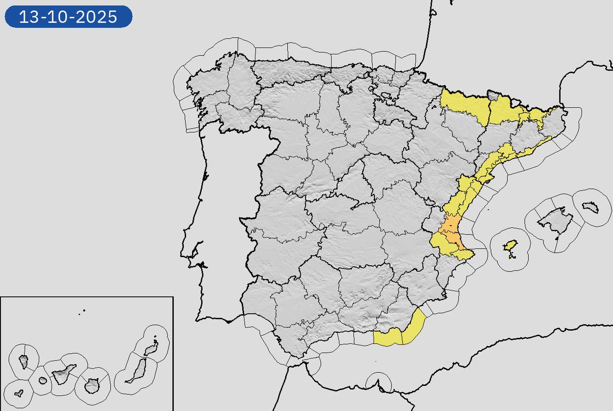 AEMET_Esp's tweet image. 12/10 00:06 Avisos activos hoy y mañana en España por lluvias, tormentas y costeros. Nivel máximo de aviso: naranja.
Actualizaciones en aemet.es/es/eltiempo/pr…