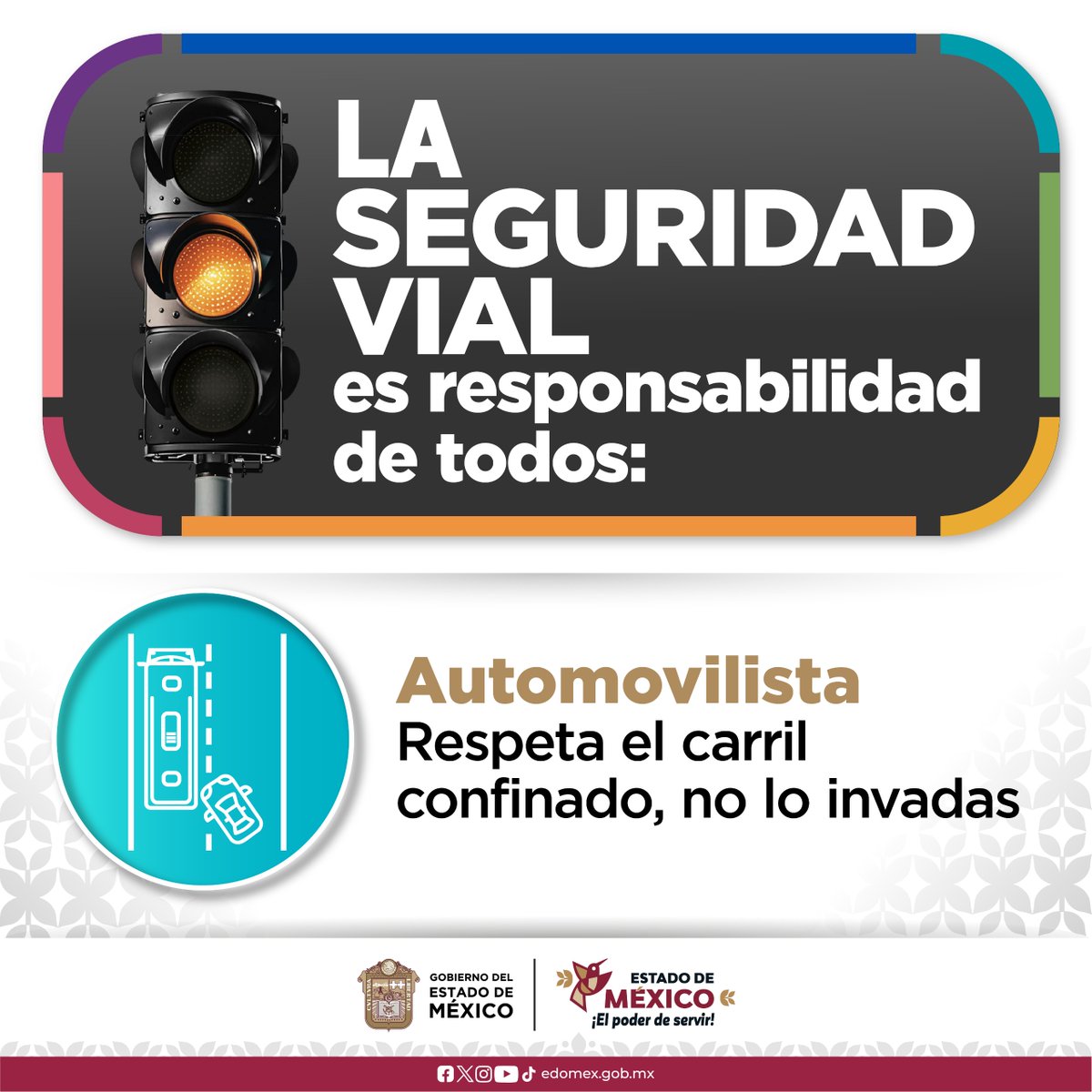 Edomex's tweet image. #SeguridadVial | Conduciendo con responsabilidad al volante, protegemos vidas.
Respeta el carril confinado para el transporte público. #ElPoderDeServir