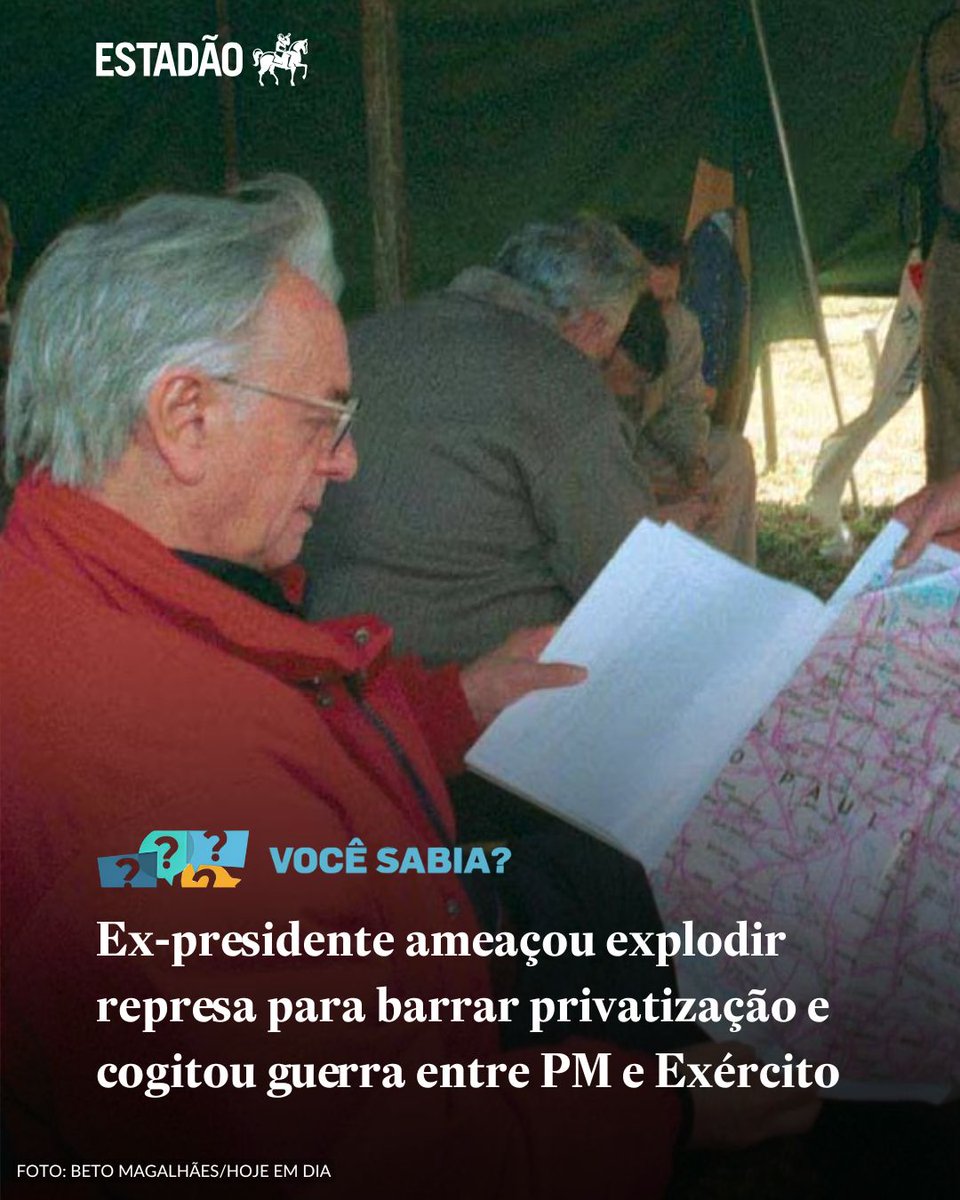 Estadao's tweet image. VOCÊ SABIA? 

Ex-presidente ameaçou explodir represa para barrar privatização e cogitou guerra entre PM e Exército &amp;gt; bit.ly/4n0RIp5