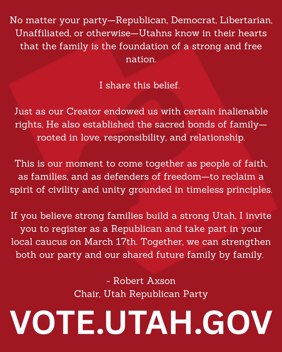 UtahGOP's tweet image. Chairman Robert Axson is calling on Utahns to stand together as people of faith and family—to strengthen our communities, defend freedom, and build a stronger Utah rooted in timeless principles.

Head to vote.utah.gov to register as a Republican!

#utgop #utpol