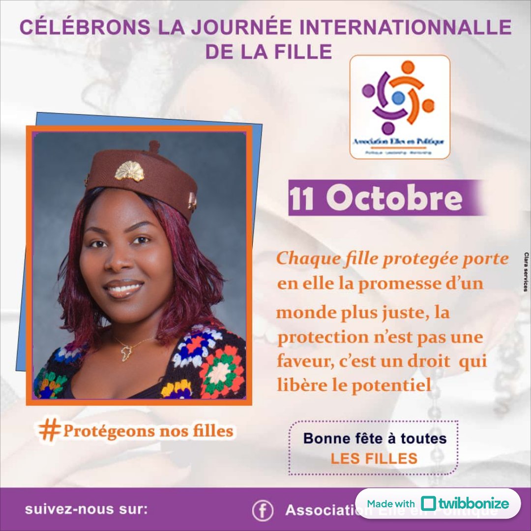 𝐉𝐨𝐮𝐫𝐧𝐞́𝐞 𝐈𝐧𝐭𝐞𝐫𝐧𝐚𝐭𝐢𝐨𝐧𝐚𝐥𝐞 𝐝𝐞 𝐥𝐚 𝐅𝐢𝐥𝐥𝐞 – 𝟏𝟏 𝐨𝐜𝐭𝐨𝐛𝐫e

Chaque fille mérite d’être écoutée, respectée et soutenue dans ses rêves, sans barrières ni préjugés

Offrons-leur la protection et la liberté de choisir leur propre chemin.

#JournéeDeLaFille