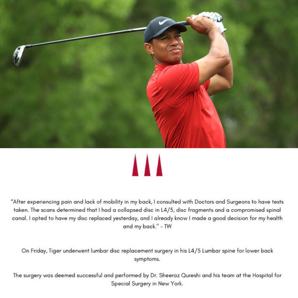 NUCLRGOLF's tweet image. 🚨😔🐅 JUST IN: Tiger Woods has underwent lumbar disc replacement surgery in his 14/5 Lumbar spine. No timeline set for his return to golf. @TWlegion