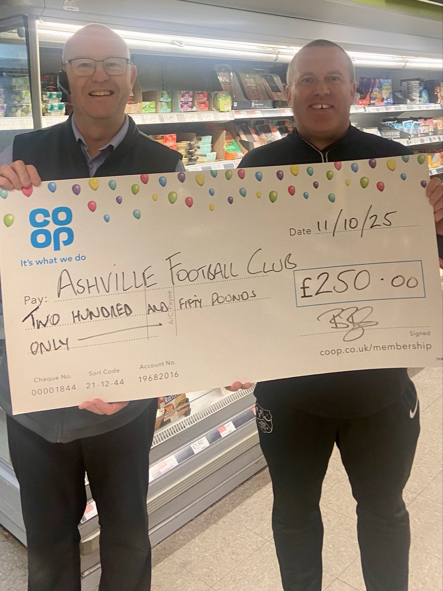 Great to help out one of our local football clubs with a £250 Community Donation to buy new training equipment for the youth team.
<a href="/jeanie_hughes/">Jean McCormick</a> 
<a href="/coopuk/">Co-op</a> 
<a href="/AshvilleYouth/">Ashville Youth FC</a>
