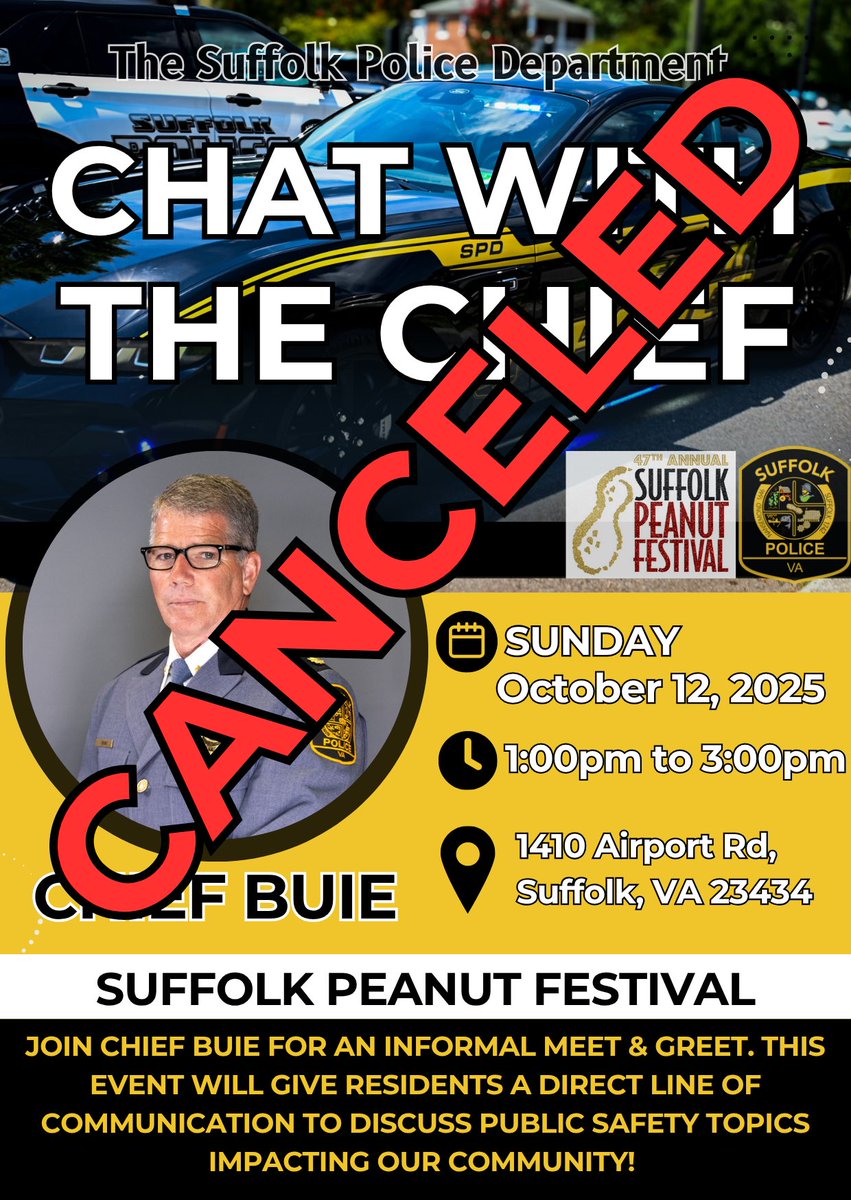 Due to forecasted inclement weather approaching our area, the Suffolk Peanut Fest will be closed Sunday, October 12. SPD’s Chat With The Chief event that was scheduled for tomorrow on festival grounds has also been canceled. We hope to see you all soon!