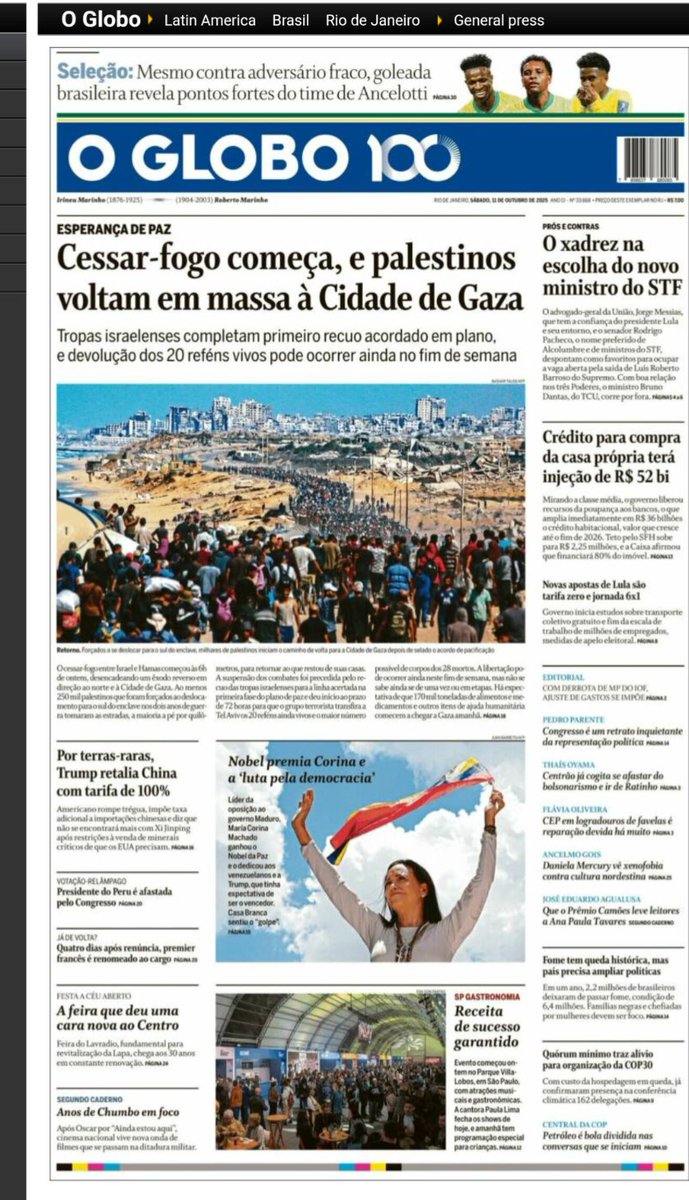 LuzMelyReyes's tweet image. Antes de irnos a dormir hice un recorrido por kiosko.net La noticia del Premio Nobel de María Corina Machado está en primera plana de los principales periódicos del mundo. Les dejo un hilo con las portadas en distintos países. Turquía, España, India, Brasil.