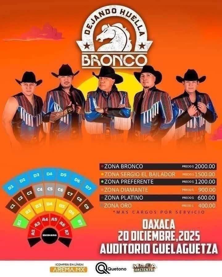 Sofy Valdivia (@sofyvaldivia) on Twitter photo 📺Ⓜ️ 🤠🎶 ¡BRONCO llega a OAXACA con su gira “Dejando Huella”!
🗓 20 de diciembre de 2025
📍 Auditorio Guelaguetza
¡Prepárate para una noche llena de nostalgia, ritmo y puro corazón norteño! ❤️🐎
🎟 Boletos ya a la venta en 👉 arema.mx y tiendas Chicago Tenis 📺Ⓜ️ 🤠🎶 ¡BRONCO llega a OAXACA con su gira “Dejando Huella”!
🗓 20 de diciembre de 2025
📍 Auditorio Guelaguetza
¡Prepárate para una noche llena de nostalgia, ritmo y puro corazón norteño! ❤️🐎
🎟 Boletos ya a la venta en 👉 arema.mx y tiendas Chicago Tenis