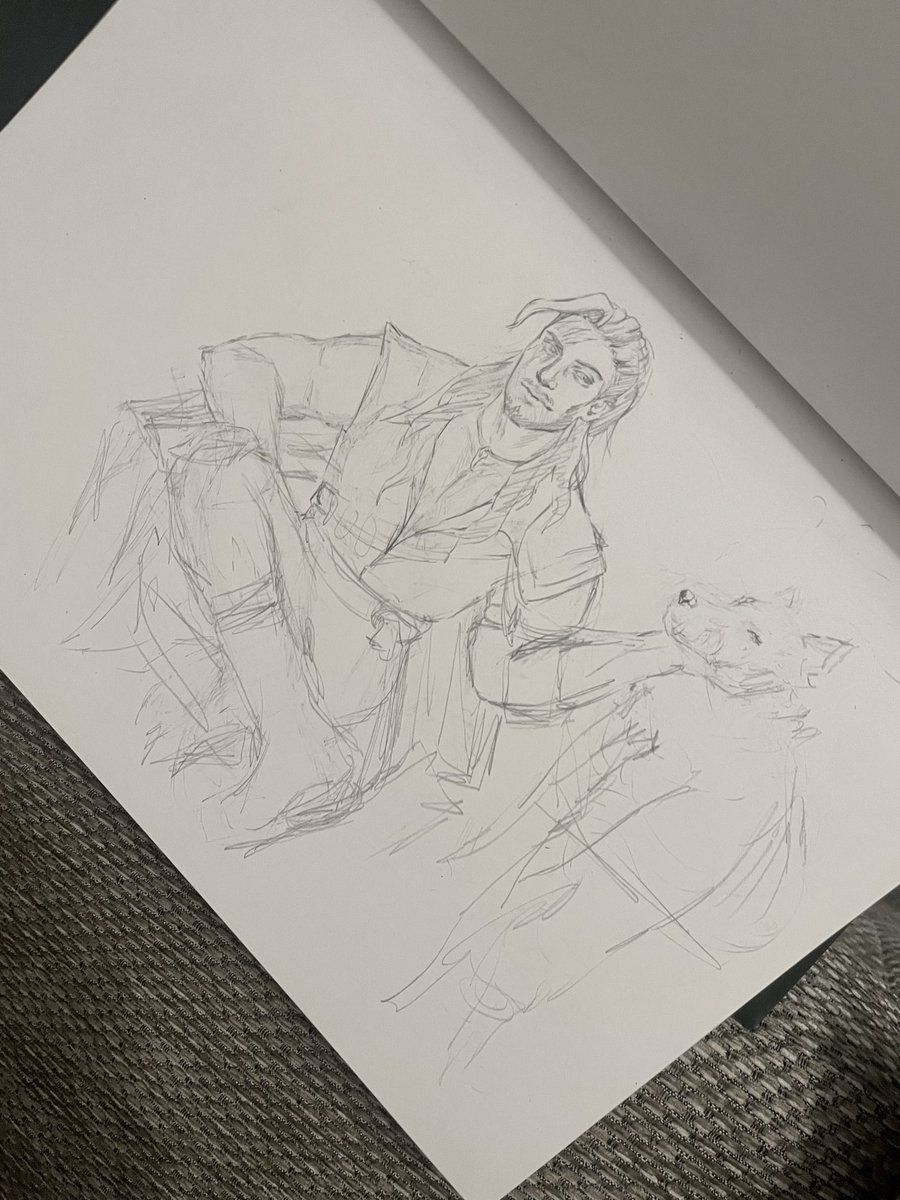 hollea_'s tweet photo. Celebrating being able to draw again with a thirst trap sketch for Kattigan Vale, a la @CriticalRole .Inking + Colour to come. Toying with the idea of bicep curls of Wulfie, or chin scritches. Kat definitely ‘man spreads’ when he sits. 

#criticalrolefanart #illustration #sketch https://t.co/4rDxZ5s0CC