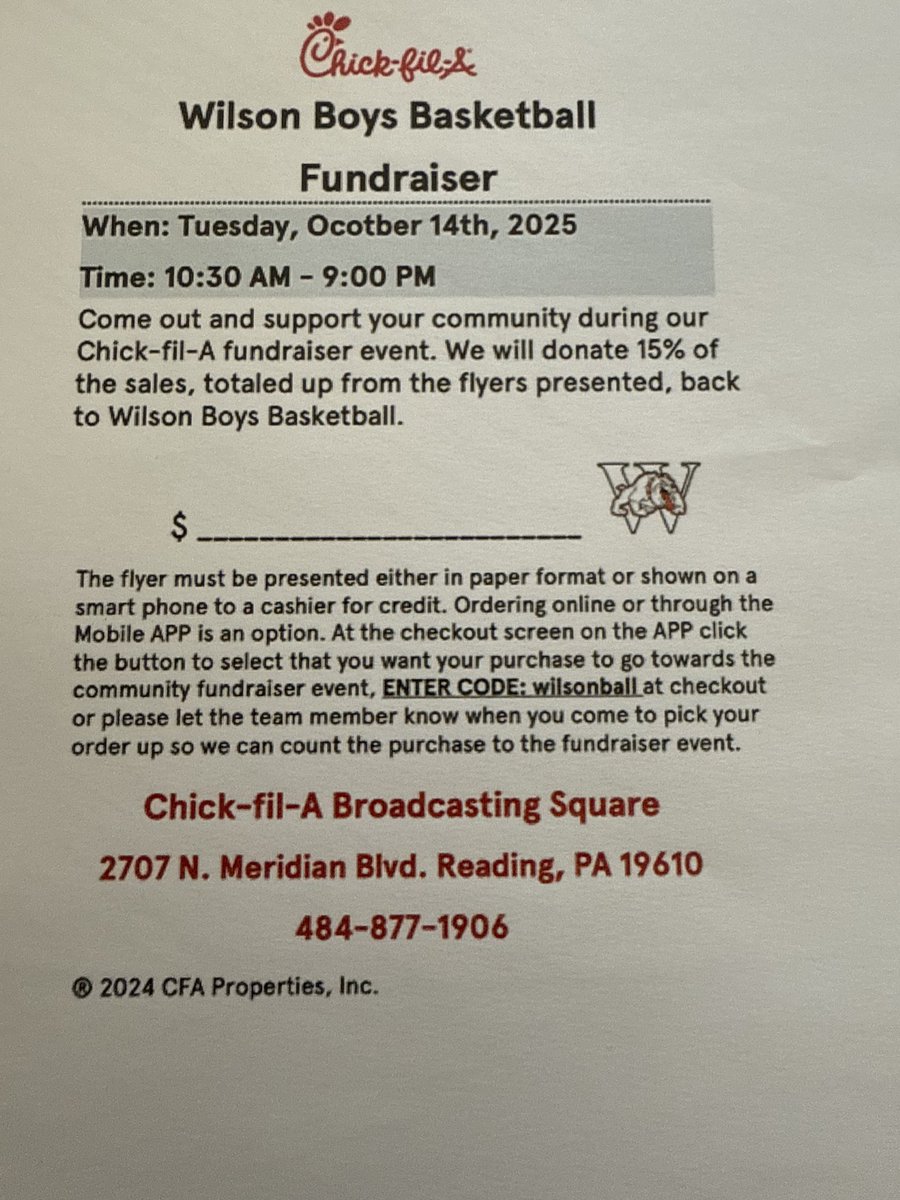 Wilson Bulldogs Boys Basketball (@wilsonboyshoops) on Twitter photo Our 🏀 team is having a fundraiser this Tuesday, October 14th, at Chick-fil-A. Show this image on your phone and a portion of your bill will be donated back to our program. #Bulldogs 🔴 🐶 ⚪️ <a href="/MattyJC3/">Coach Coldren</a> Our 🏀 team is having a fundraiser this Tuesday, October 14th, at Chick-fil-A. Show this image on your phone and a portion of your bill will be donated back to our program. #Bulldogs 🔴 🐶 ⚪️ <a href="/MattyJC3/">Coach Coldren</a>