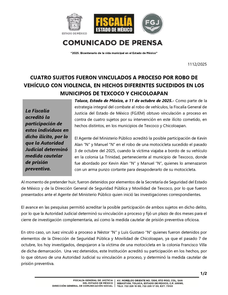 FiscaliaEdomex's tweet image. #Resultados.
Como parte integral del combate al robo de vehículos, la #FiscalíaEdoméx  obtuvo vinculación a proceso en contra de cuatro sujetos por su intervención en este ilícito cometido, en hechos distintos, en los municipios de #Texcoco y #Chicoloapan.…