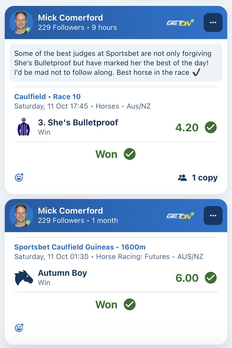 First official crack yesterday on the <a href="/sportsbetcomau/">Sportsbet</a> feed as part of the <a href="/GetOn78/">Get On</a> team!

Follow along on the Sportsbet App for what is hopefully a stack more winners through the carnival 🎯. 

Link: sportsbet.com.au/feed/profile/v…