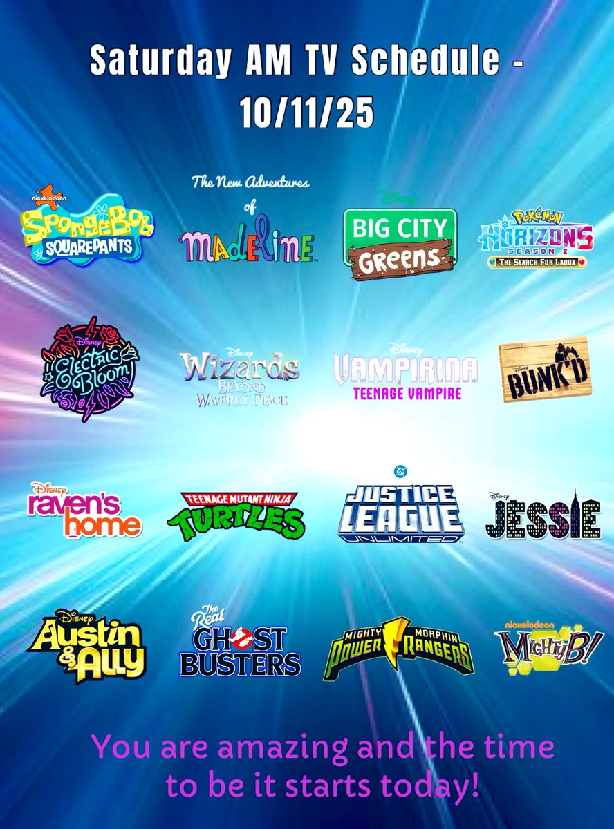 8train's tweet image. Today’s schedule for me to watch. It went long and hard if necessary. Let’s get ahead right now! #SaturdayMorning #throwback #TMNT #JustuceLeagueUnlimited #PowerRangers #Pokemon #SpongeBob #Ghostbusters #Vampirina #ElectricBloom #WBWP