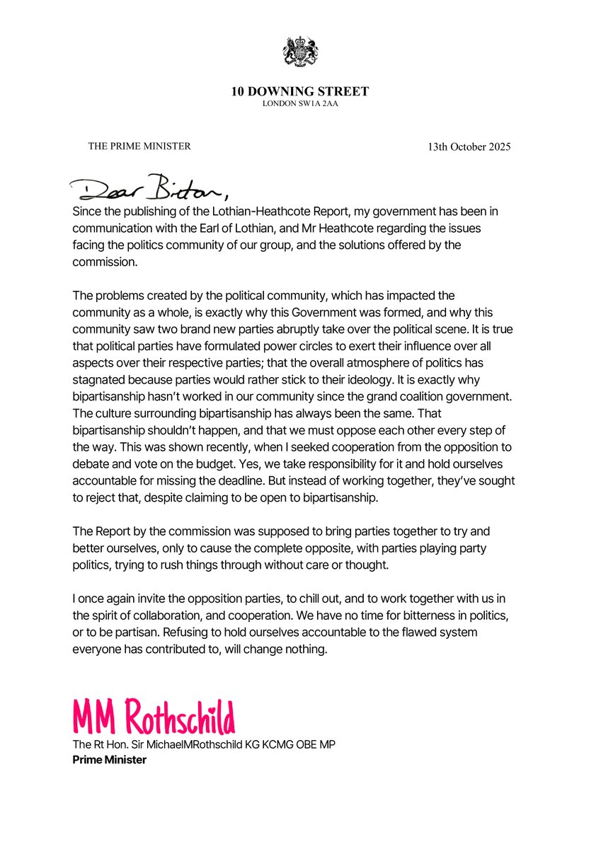 This is my final offer to the opposition. Let us stop playing party politics, lets work together to create a better community, a better democratic system.

Our voters want to see us do better by them, not trying to rush through political changes, or score political points.