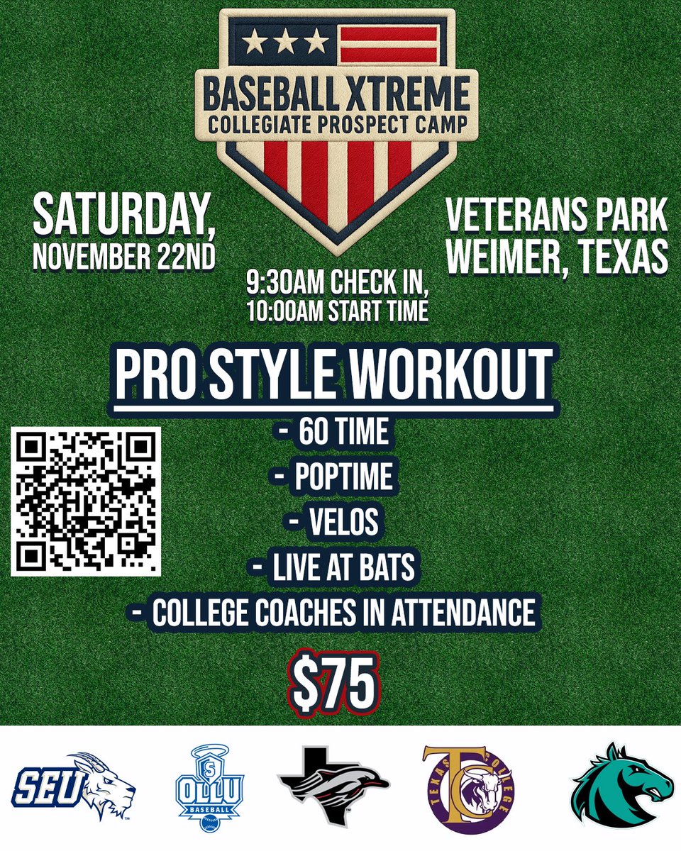 Heading to Weimer, Texas on Saturday, November 22nd! 1-2 more colleges to be added. Great opportunity to get the exposure you need and get in front of 5+ college coaches. First 10 players to sign up get 15% off using the code “Earlybird” form.jotform.com/252810916702151