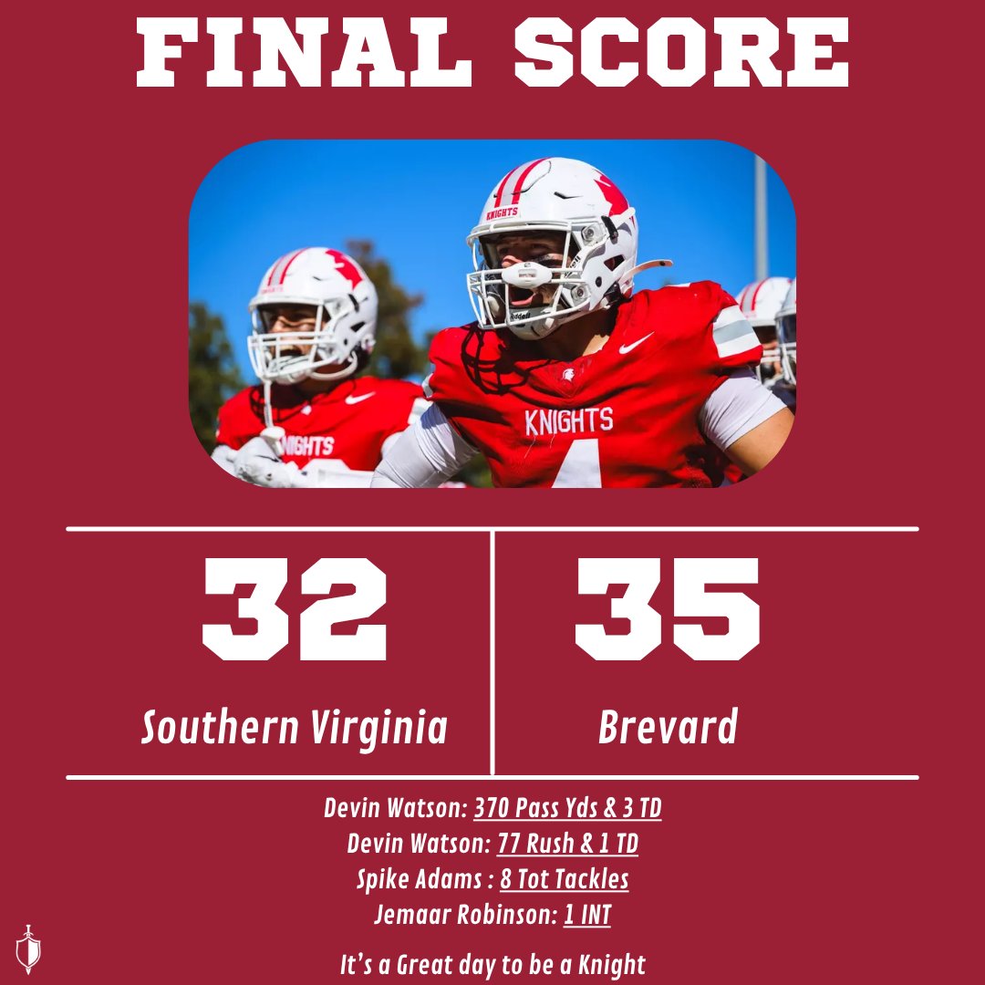 The Knights showed heart in a back-and-forth battle that came down to the wire. Falling just short against Brevard, 32–35.

Devin Watson – 370 Passing Yards, 3 TDs | 77 Rushing Yards, 1 TD

Spike Adams – 8 Total Tackles

Jemaar Robinson – 1 Interception