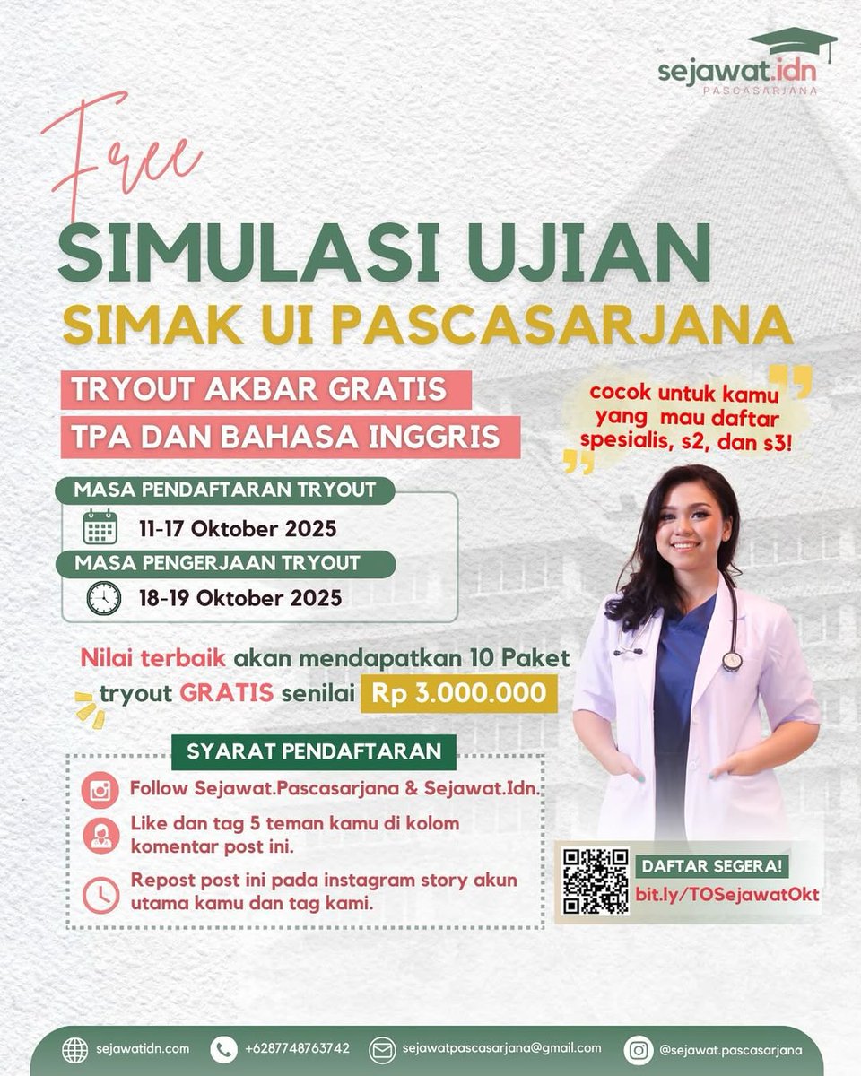 sejawat_idn's tweet image. 🎓 FREE SIMULASI UJIAN SIMAK UI PASCASARJANA!

Cocok banget buat kamu yang mau daftar Spesialis, S2, atau S3!

Daftar disini: bit.ly/TOSejawatOkt

#bimbelkedokteran #simak_ui