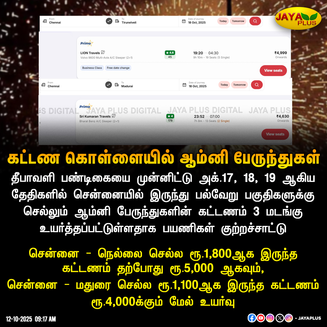 jayapluschannel's tweet image. கட்டண கொள்ளையில் ஆம்னி பேருந்துகள்!

#Omnibus #TicketPriceHike #Diwali #Diwali2025 #DMKFailsTN #JayaPlus
