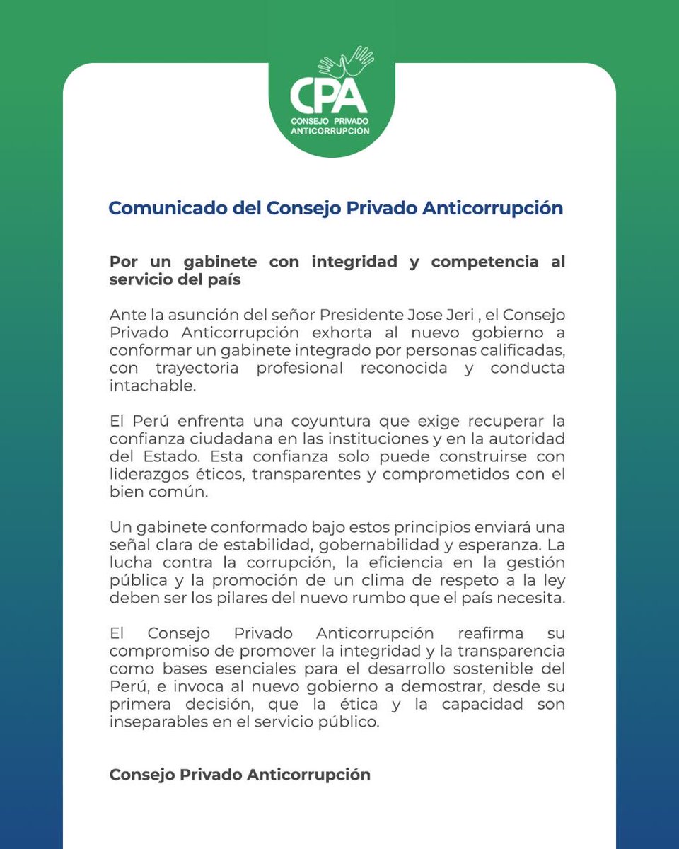 El Consejo Privado Anticorrupción exhorta al nuevo gobierno a formar un gabinete con integridad, capacidad y conducta intachable. 

Solo así se recuperará la confianza ciudadana y la gobernabilidad del país.

#Integridad #Transparencia #CPA #Gobernabilidad