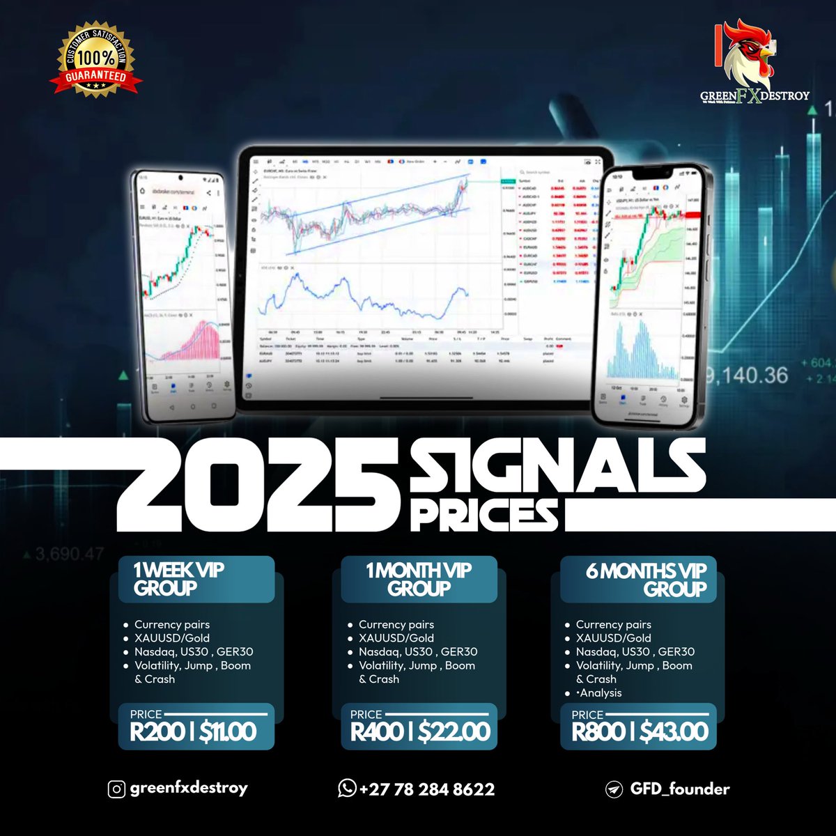 KamoFaith2's tweet image. 🔥 The 2025 Signal Prices are live!
No more specials — it’s time to trade smart and win big 💰
Join Green FX Destroy VIP today 👇🏽
💎 1 week – R200 | 1 Month– R400 | 6 Months – R800
📲 WhatsApp: +27797568561
#GreenFXDestroy #ForexSignals #2025Goals