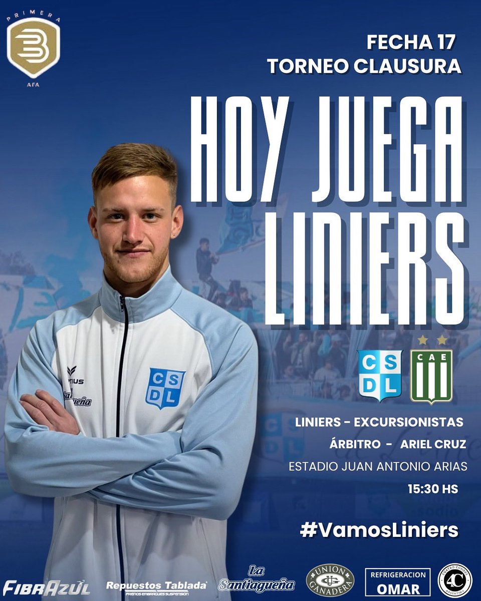 ¡HOY JUEGA LINIERS! 🔜 

📅 Fecha 17 - Torneo Clausura Primera B AFA 
12 de Octubre
⚽ 🆚 Excursionistas  
👨🏽‍⚖️ Árbitro: Ariel Cruz  
📍 Estadio Juan Antonio Arias 
VAMOS TODOS JUNTOS 🤝🏼🚜 #vamosliniers