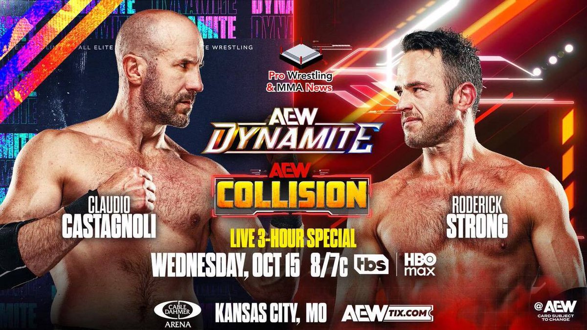 PWMMANews's tweet image. Wednesday on the 3 hour special of #AEWDynamite, Claudio Castagnoli of the Death Riders will go 1 on 1 with Rodrick Strong.